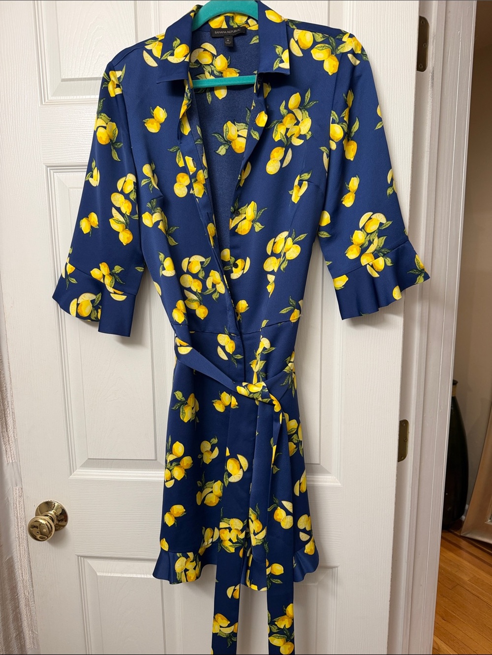 Banana Republic Navy Dress Silky Yellow Lemon Motif